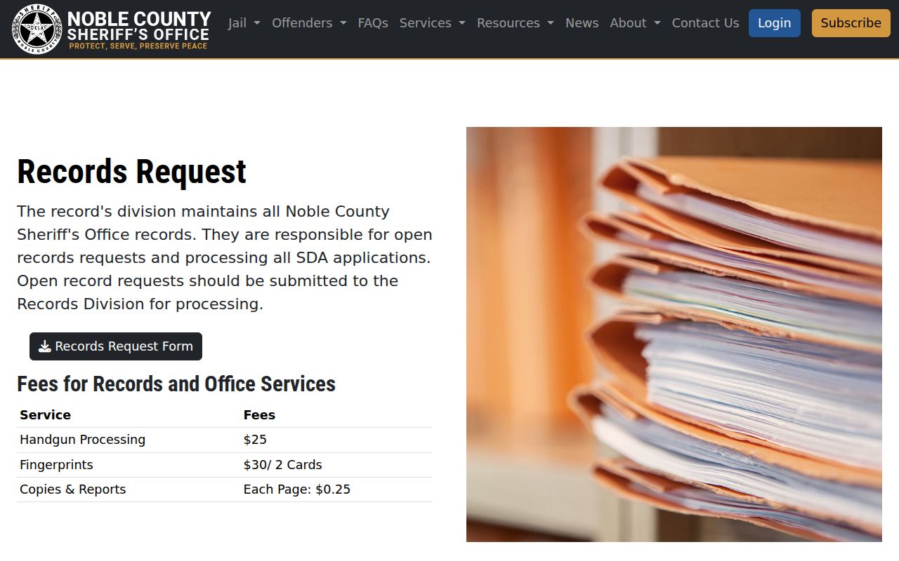 Noble County Jail release records contact page